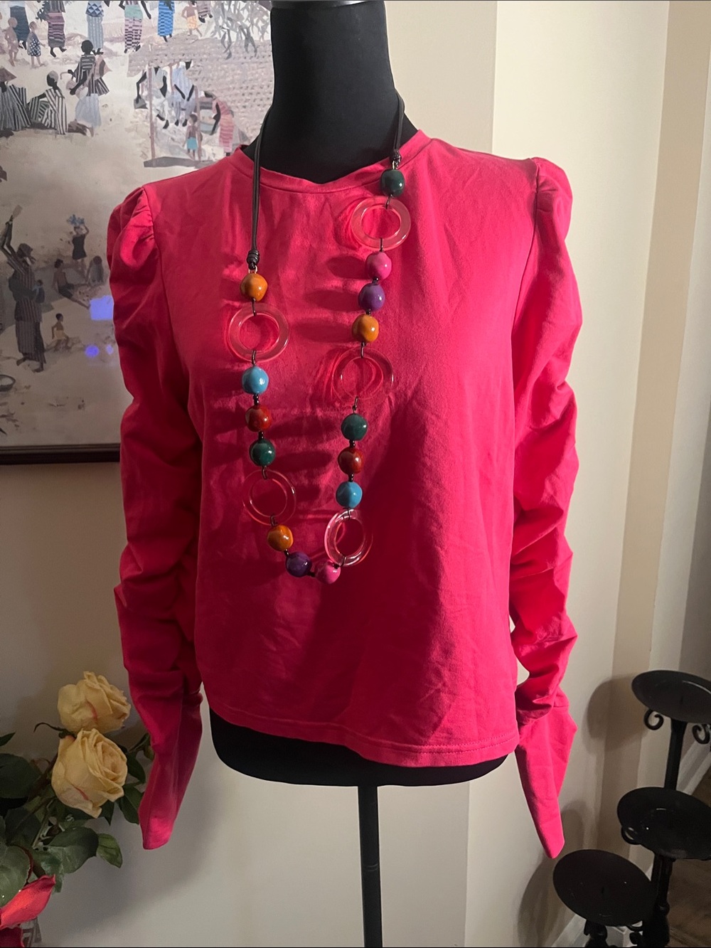 Walter Baker Hot Pink Long Sleeve Puff Shoulder Top